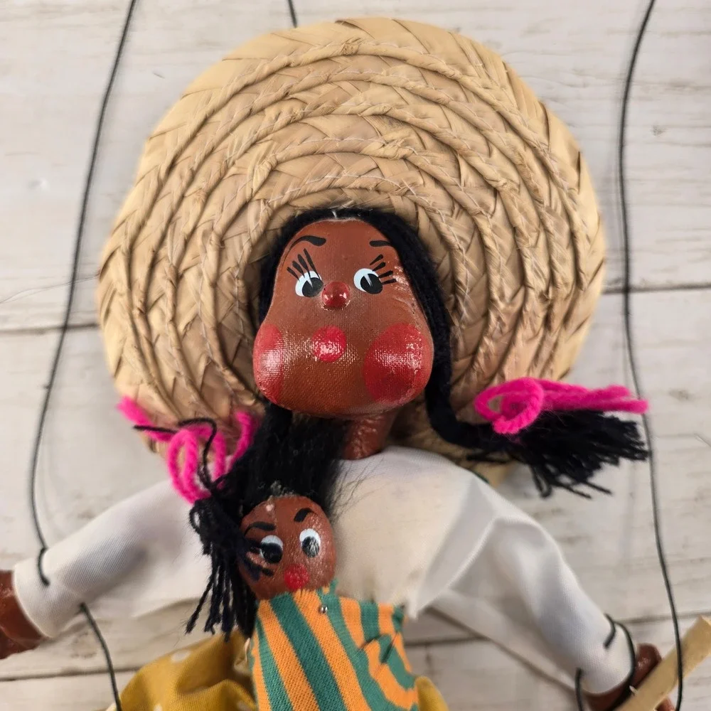 Vintage Mexican Folk Art Marionette Puppet Mother and Baby Straw Hat Polka Dot